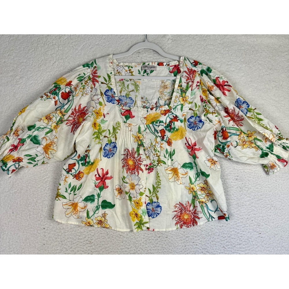 Laura Ashley Blouse Womens XL Floral Linen Lace Balloon Sleeve Cottagecore